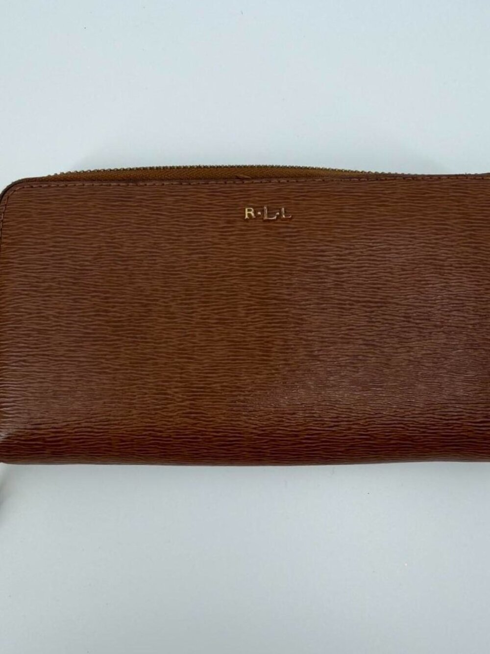 Lauren Ralph Lauren Brown Textured Leather Zip Around Wallet Gold Tone Hardware